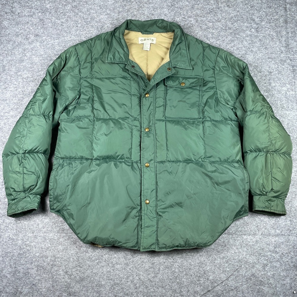 Orvis Puffer Jacket Mens Large Green Down Feather Quilted Snap Front Nylon